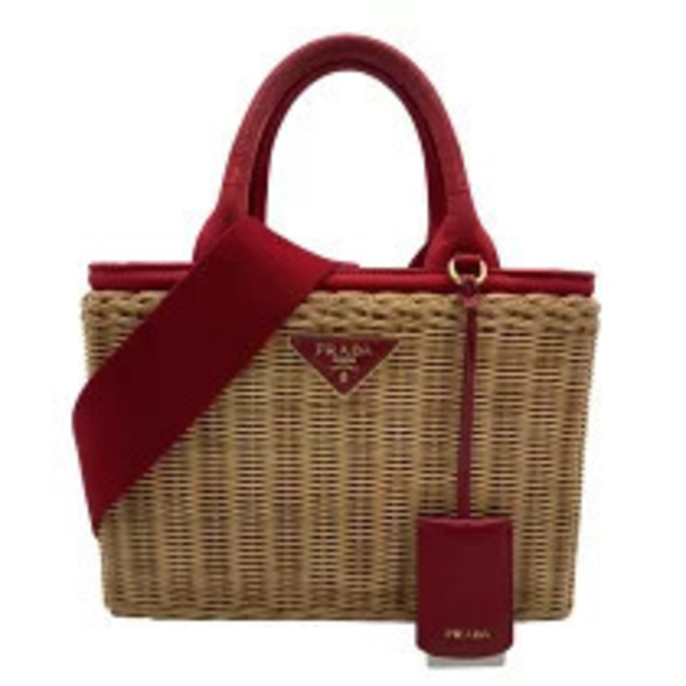 Prada Canapa Wicker Handbag Red Rattan Canvas